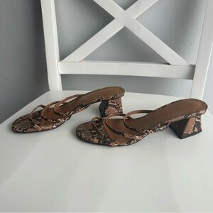 Charles & Keith Faux Snake Skin Triple Straps Strappy Heeled Mules in Brown